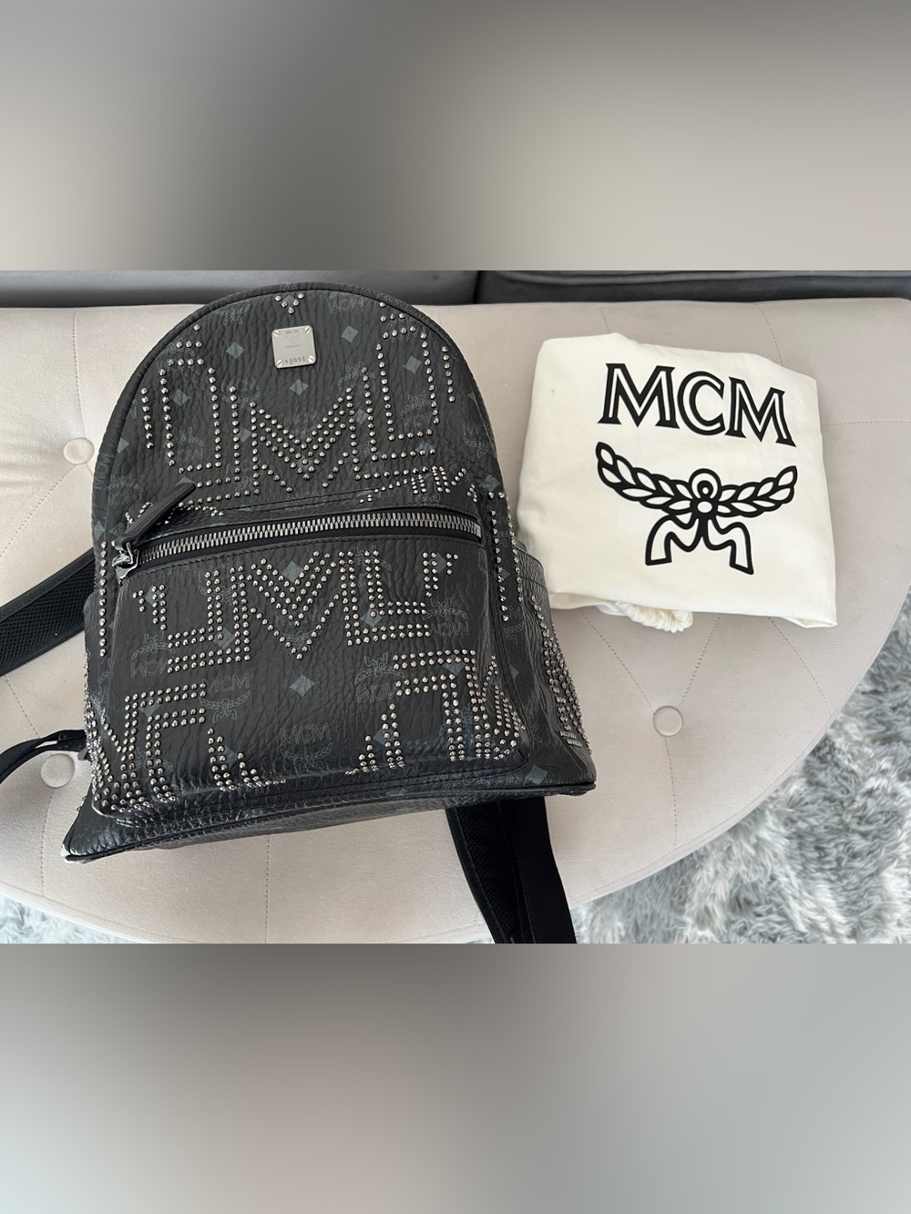 Authentic MCM Black Studded Logo Backpack